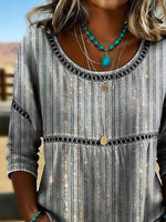 Grey Abstract Glitter Stripe Crew Neck Half Sleeve Loose Blouse For Women
