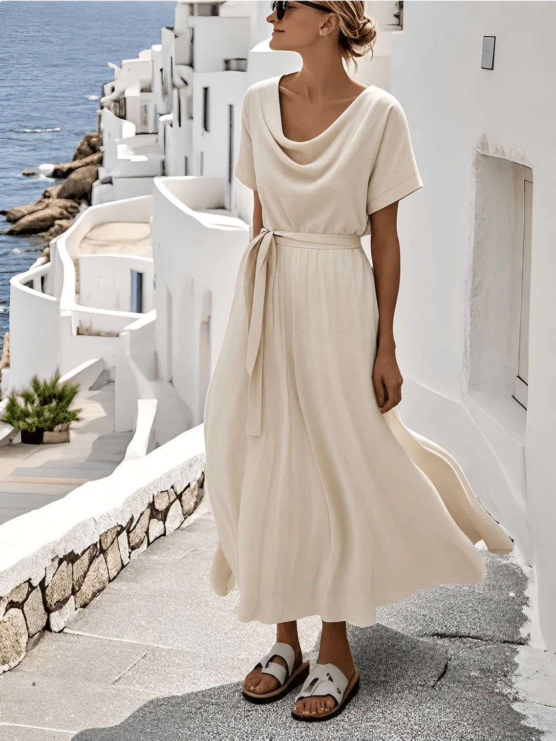 White Plain Cowl Neck Short Sleeve A-Line Summer T-Shirt Dress With Belt