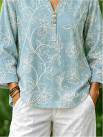 Light Blue Floral Print Crew Neck Long Sleeve Loose Blouse For Women