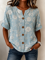 Light Blue Floral Print Stand Collar Short Sleeve Loose Shirt For Women