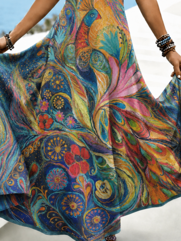 Vibrant Peacock Floral Print V Neck Sleeveless Tank A-Line Maxi Dress For Spring & Fall