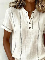 Off White Contrast Stitch V Neck Short Sleeve Regular Fit Linen Shirt For Women