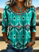 Green Western Geometric Tribal Print Crew Neck 3/4 Sleeve Loose Blouse For Women