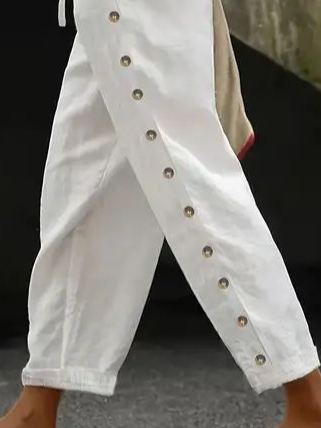 White Drawstring Waist Side Metal Button Linen Cropped Casual Pants For Women