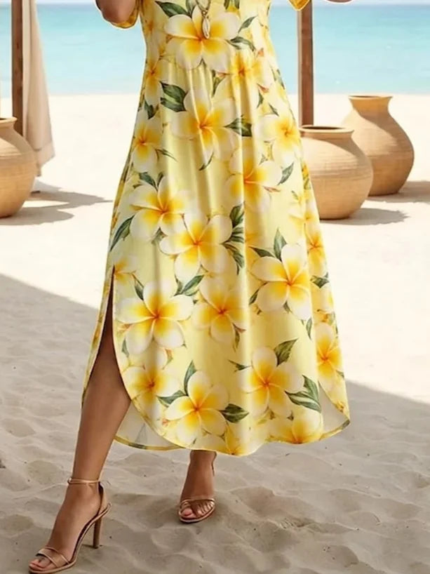 Yellow Plumeria Floral V-Neck Short Sleeve Side Split H-Line Maxi Dress For Women