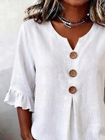 White Split V-Neck Ruffle Half Sleeve Wooden Button Peplum Linen Blouse For Women