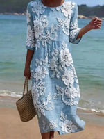 Light Blue 3D White Floral Embroidery Round Neck Half Sleeve Loose Midi Dress For Women