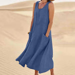 Sleeveless Round Neck Patch Pocket Linen Blend A-Line Maxi Dress For Women