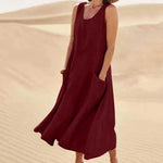 Sleeveless Round Neck Patch Pocket Linen Blend A-Line Maxi Dress For Women