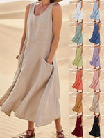 Sleeveless Round Neck Patch Pocket Linen Blend A-Line Maxi Dress For Women