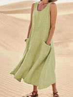 Sleeveless Round Neck Patch Pocket Linen Blend A-Line Maxi Dress For Women