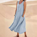Sleeveless Round Neck Patch Pocket Linen Blend A-Line Maxi Dress For Women