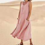Sleeveless Round Neck Patch Pocket Linen Blend A-Line Maxi Dress For Women
