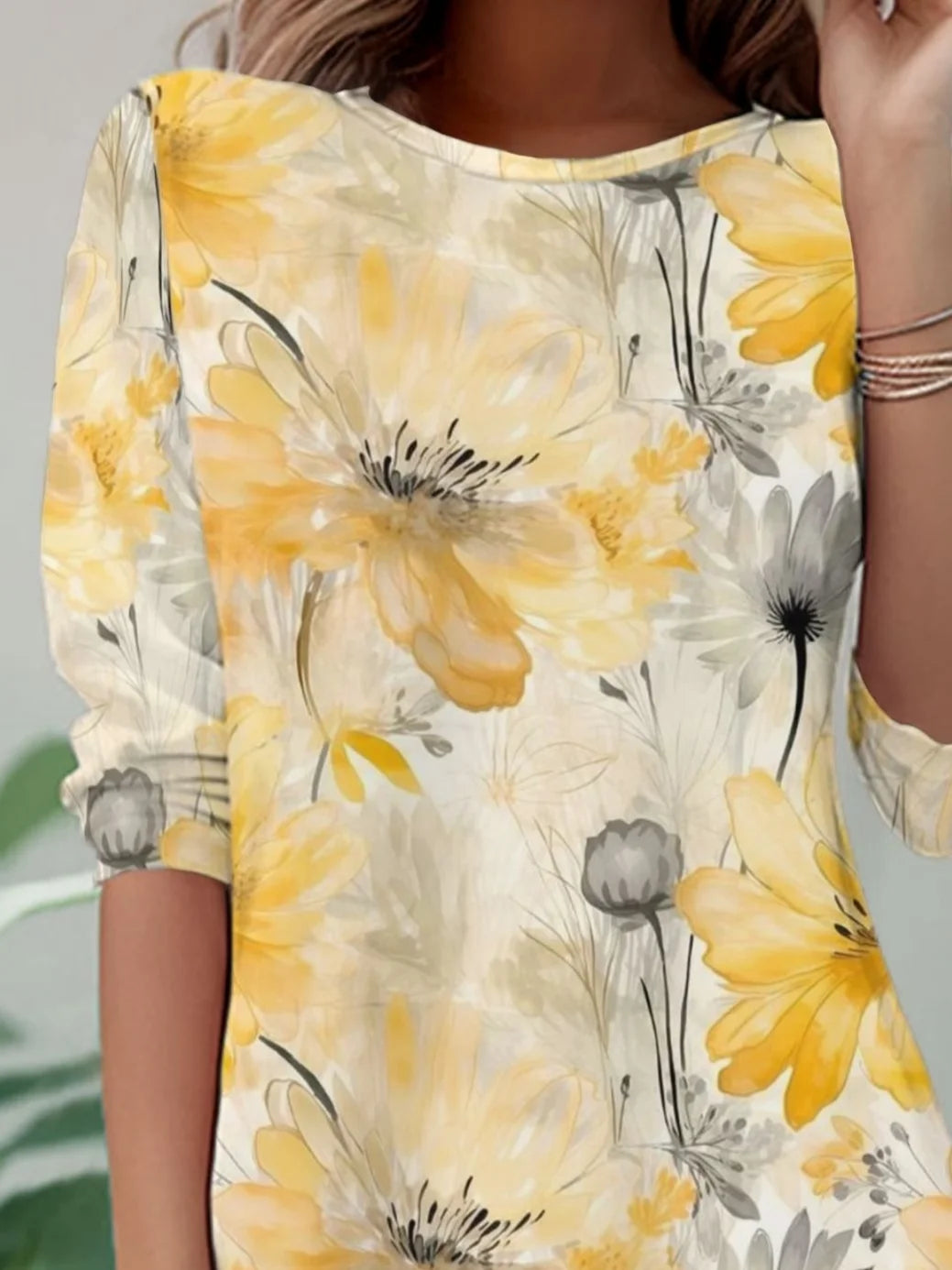 Yellow Watercolor Floral Crew Neck Three-Quarter Sleeve Jersey Casual T-Shirt For Women