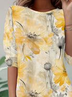 Yellow Watercolor Floral Crew Neck Three-Quarter Sleeve Jersey Casual T-Shirt For Women