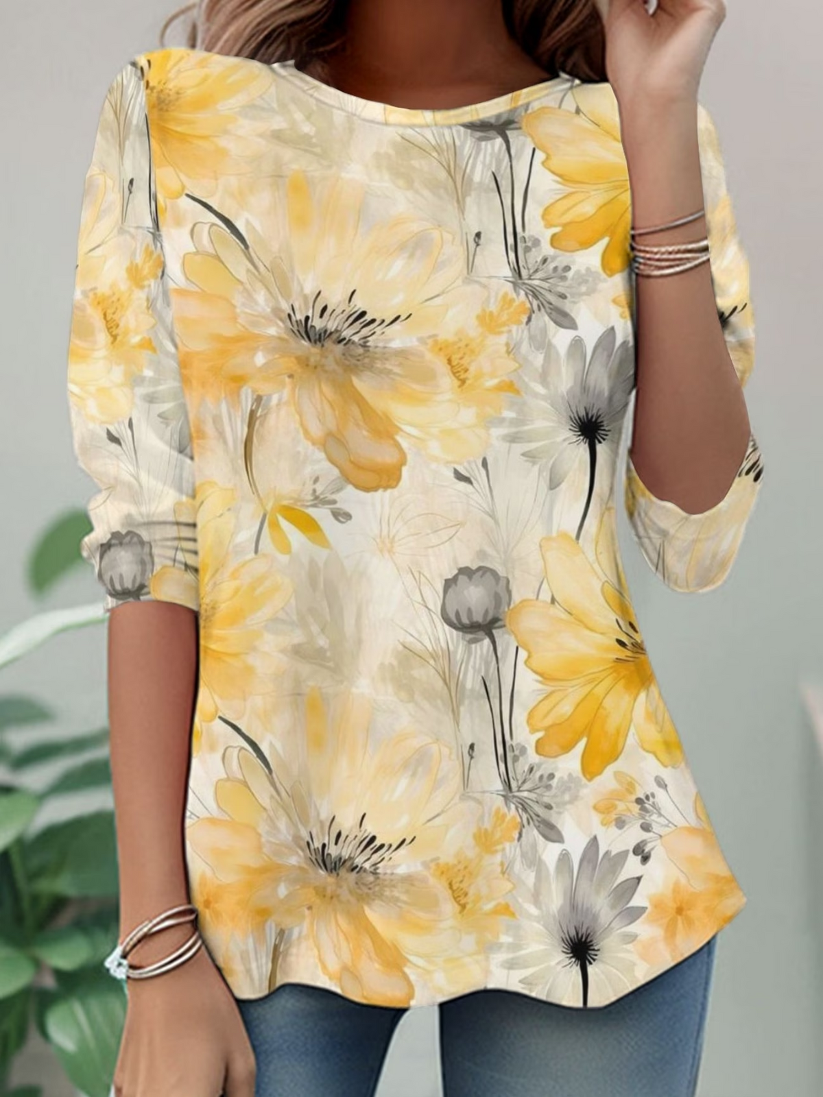 Yellow Watercolor Floral Crew Neck Three-Quarter Sleeve Jersey Casual T-Shirt For Women