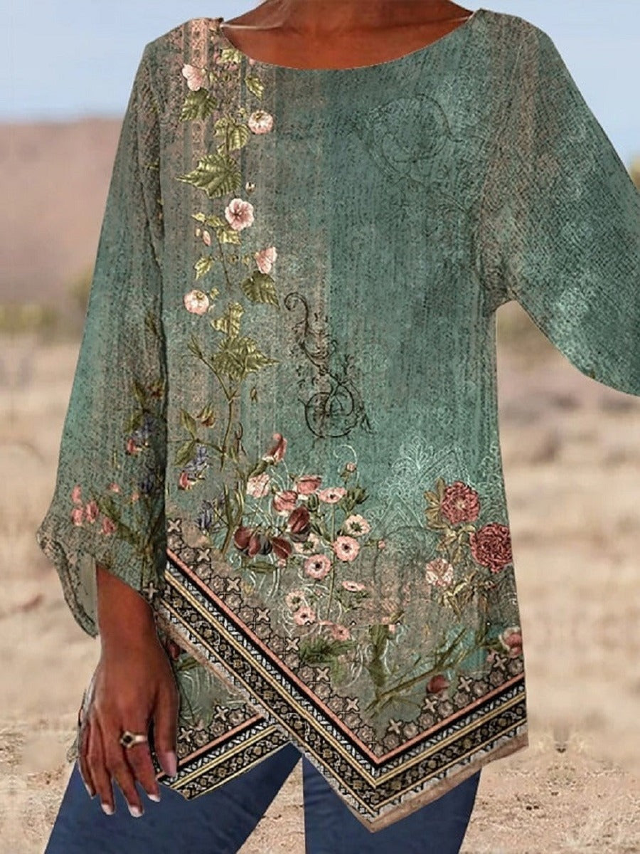 Green Casual Round Neck Floral Printed Long Sleeve Blouse