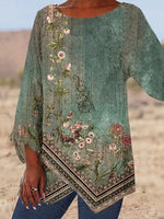 Green Casual Round Neck Floral Printed Long Sleeve Blouse