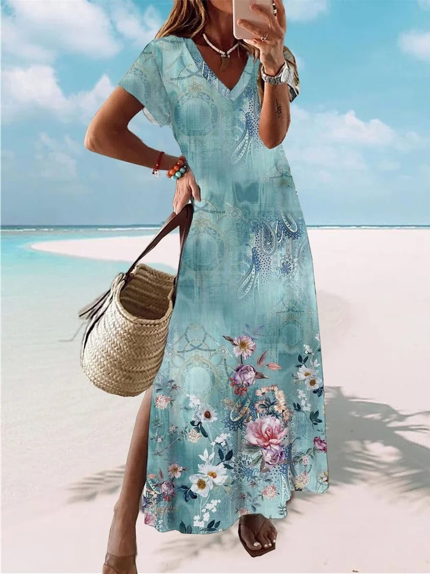 Blue Casual V Neck Floral Printed Short Sleeve Dress