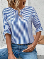 Blue White Vertical Striped Crew Neck Ruffle Half Sleeve Back Button Curved Hem Elegant Work Blouse For Women