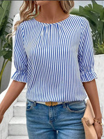 Blue White Vertical Striped Crew Neck Ruffle Half Sleeve Back Button Curved Hem Elegant Work Blouse For Women
