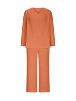 Orange Textured V-Neck Long Sleeve Top & Wide Leg Cropped Pants Two Piece Matching Linen Set For Women
