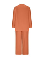 Orange Textured V-Neck Long Sleeve Top & Wide Leg Cropped Pants Two Piece Matching Linen Set For Women