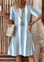 Light Blue White Vertical Stripe Round Neck Short Sleeve Side Pocket Loose Shift Midi Dress For Women