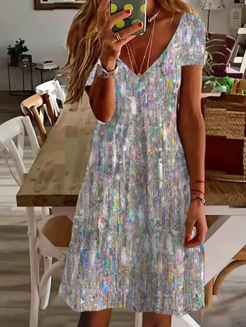 Holographic Sequin Print V-Neck Short Sleeve Loose Casual Mini Tank Dress For Women
