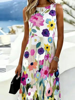 White Base Multicolor Watercolor Floral Round Neck Sleeveless Flowy A-Line Midi Summer Sundress For Women