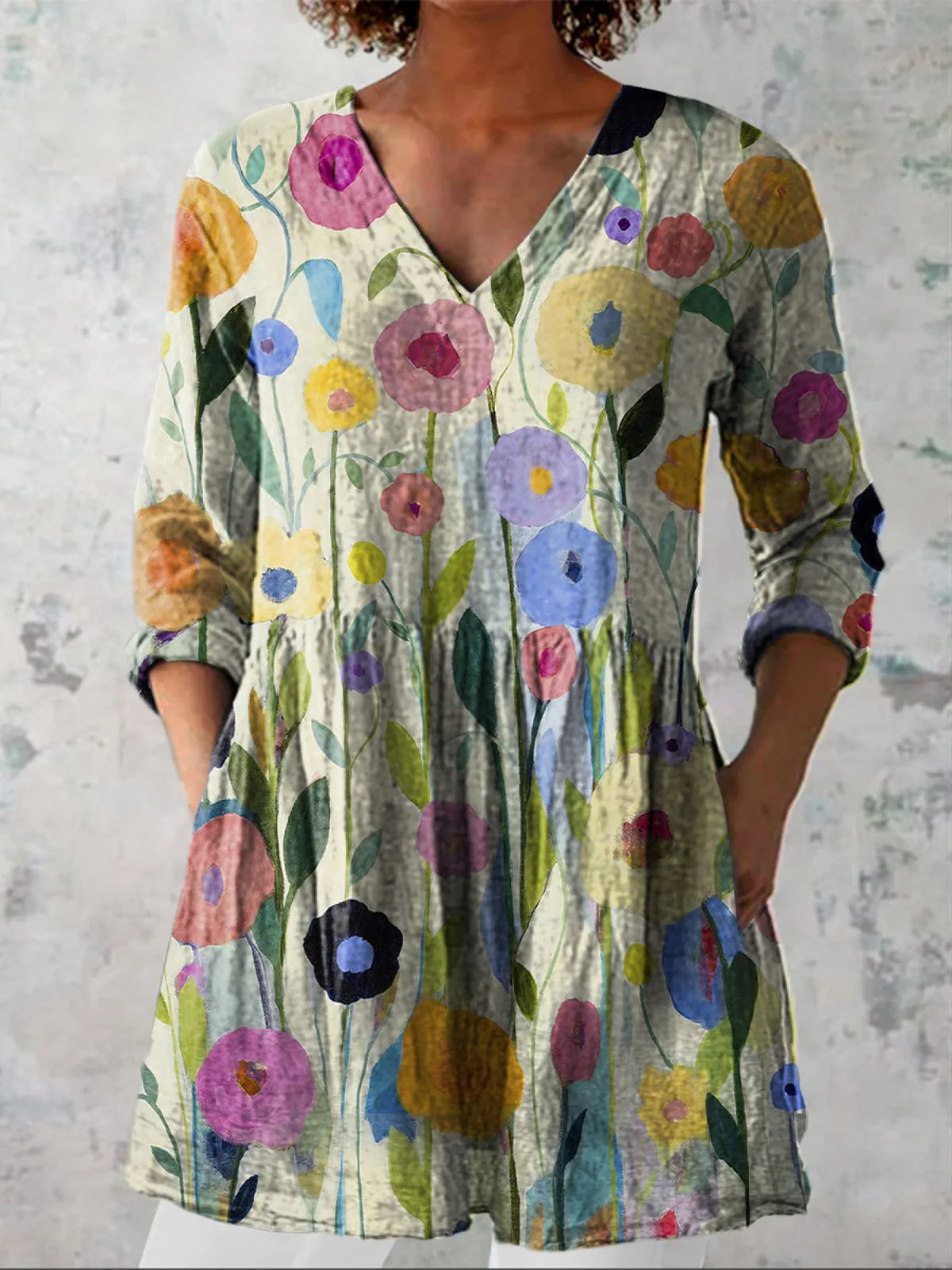 Multicolor Watercolor Floral V-Neck Rolled Three-Quarter Sleeve Tiered Hem Side Pocket Long Tunic Blouse For Women
