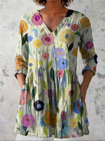 Multicolor Watercolor Floral V-Neck Rolled Three-Quarter Sleeve Tiered Hem Side Pocket Long Tunic Blouse For Women
