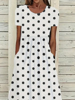 White Black Polka Dot Crew Neck Short Sleeve Gathered Waist Side Pocket Loose H-Line Maxi Shift Dress For Women