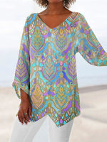 Color Casual V Neck Boho Printed Long Sleeve Blouse