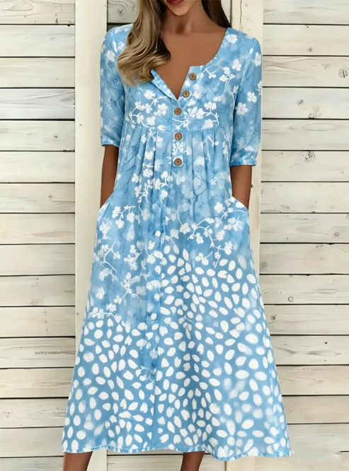 Blue Two-Tone Floral Dot Print Half Open Collar Half Sleeve Button Front Side Pocket Loose Midi Dress For Women