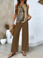 Brown Abstract Marble Print Sleeveless Tank Top & Solid Wide Leg Pants Two Piece Matching Set For Women