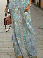 Iridescent Glitter Abstract Print Scoop Neck Long Sleeve Top & Wide Leg Pants Two Piece Matching Set For Women