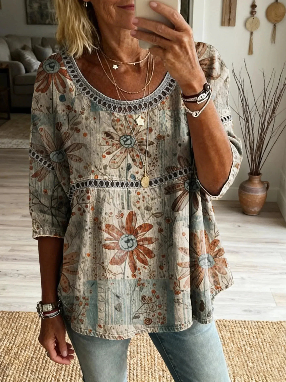 Women's Bohemian Vintage Floral Art Print Casual Round Neck Cutout Top