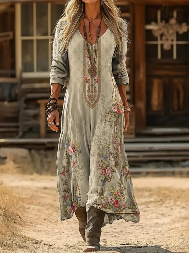Women's Vintage Floral Art Print Pocket Cotton V-Neck Long-Sleeve Dress