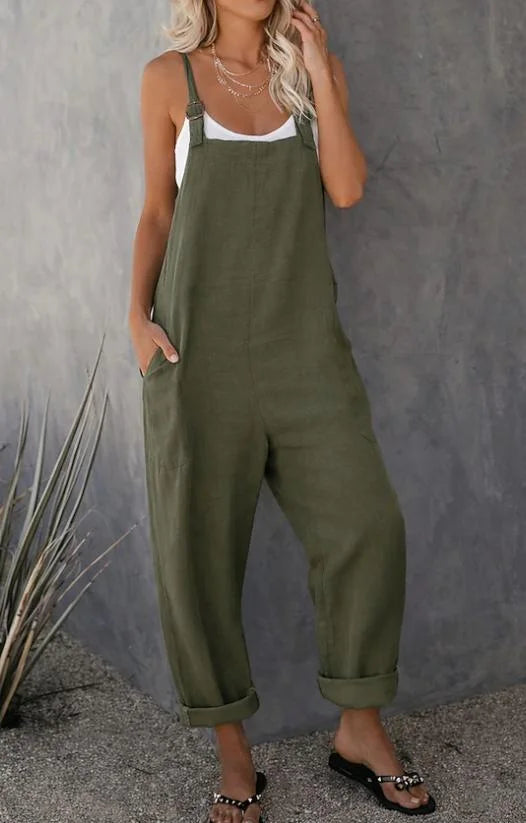 Women's Solid Linen Look Comfort Cargo Jumpsuit Pants