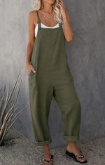 Women's Solid Linen Look Comfort Cargo Jumpsuit Pants