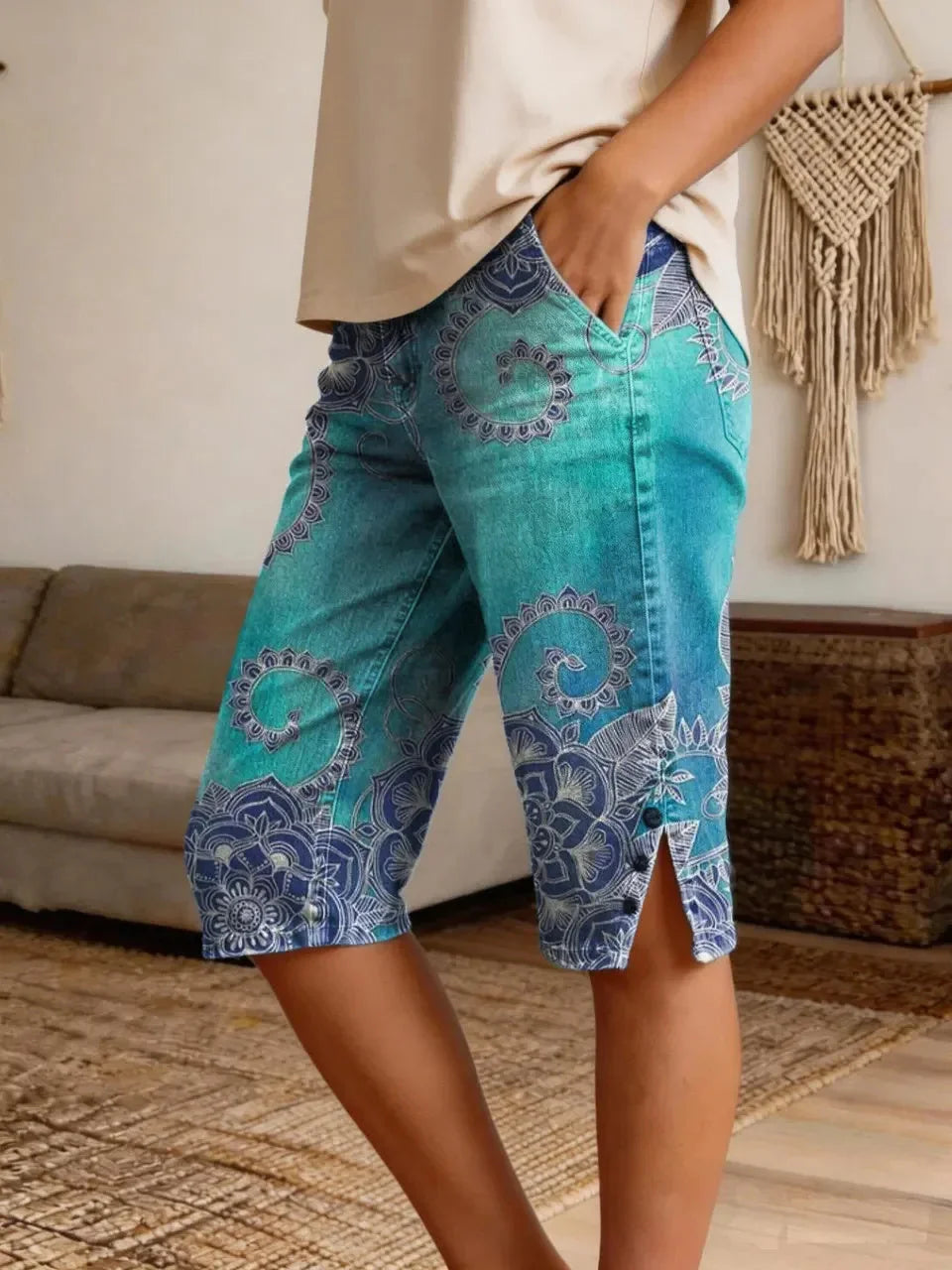 Women's Vintage Ethnic Blue Floral Art Print Casual Denim Shorts