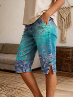Women's Vintage Ethnic Blue Floral Art Print Casual Denim Shorts