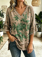 Women's Vintage Folk Floral Art Print V-Neck Tasseled Cotton Top Share on Facebook