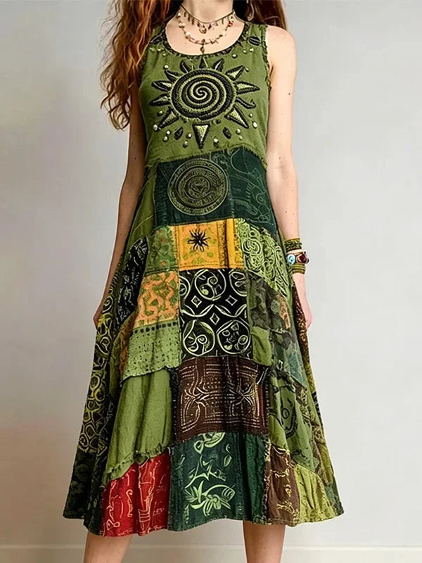 Women's Ethnic Tribal Sun Symbol Patchwork Art Print Midi Tank Dress