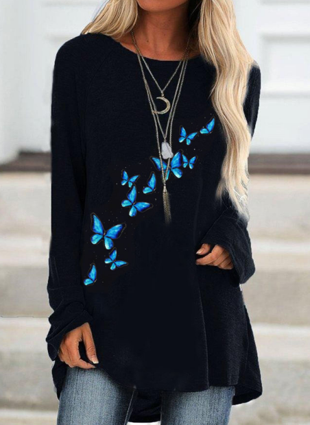 Black Butterfly Print Round Neck Long Sleeves Casual Sweatshirt