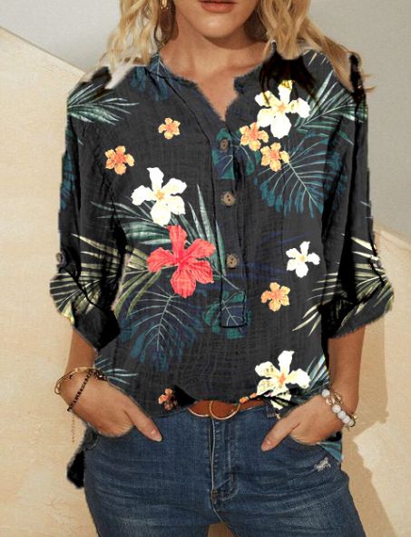 Black Casual Stand Collar Floral Print 3/4 Sleevess Blouse