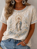 Vintage Madonna Floral Wreath Print Crew Neck Short Sleeve Casual Women T-Shirt