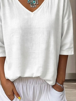 White Solid Plain V-Neck Three Quarter Loose Casual Women T-shirt