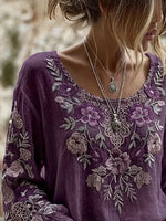 Purple Floral Embroidered Crew Neck Elastic Long Sleeve Micro-Elastic Regular Fit Women Blouse